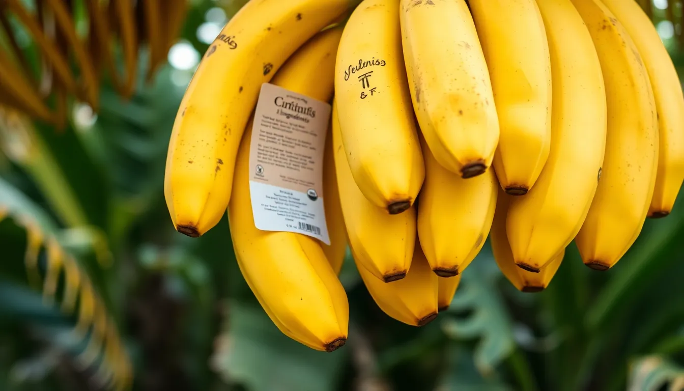 A bunch of ripe yellow bananas hanging outdoors, providing an organic, tropical feel.