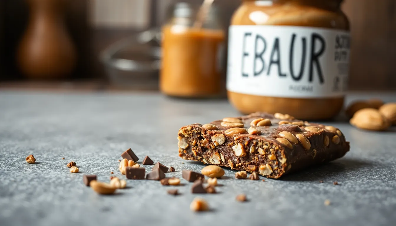 Close-up of a broken chocolate and nut energy bar on a gray surface.