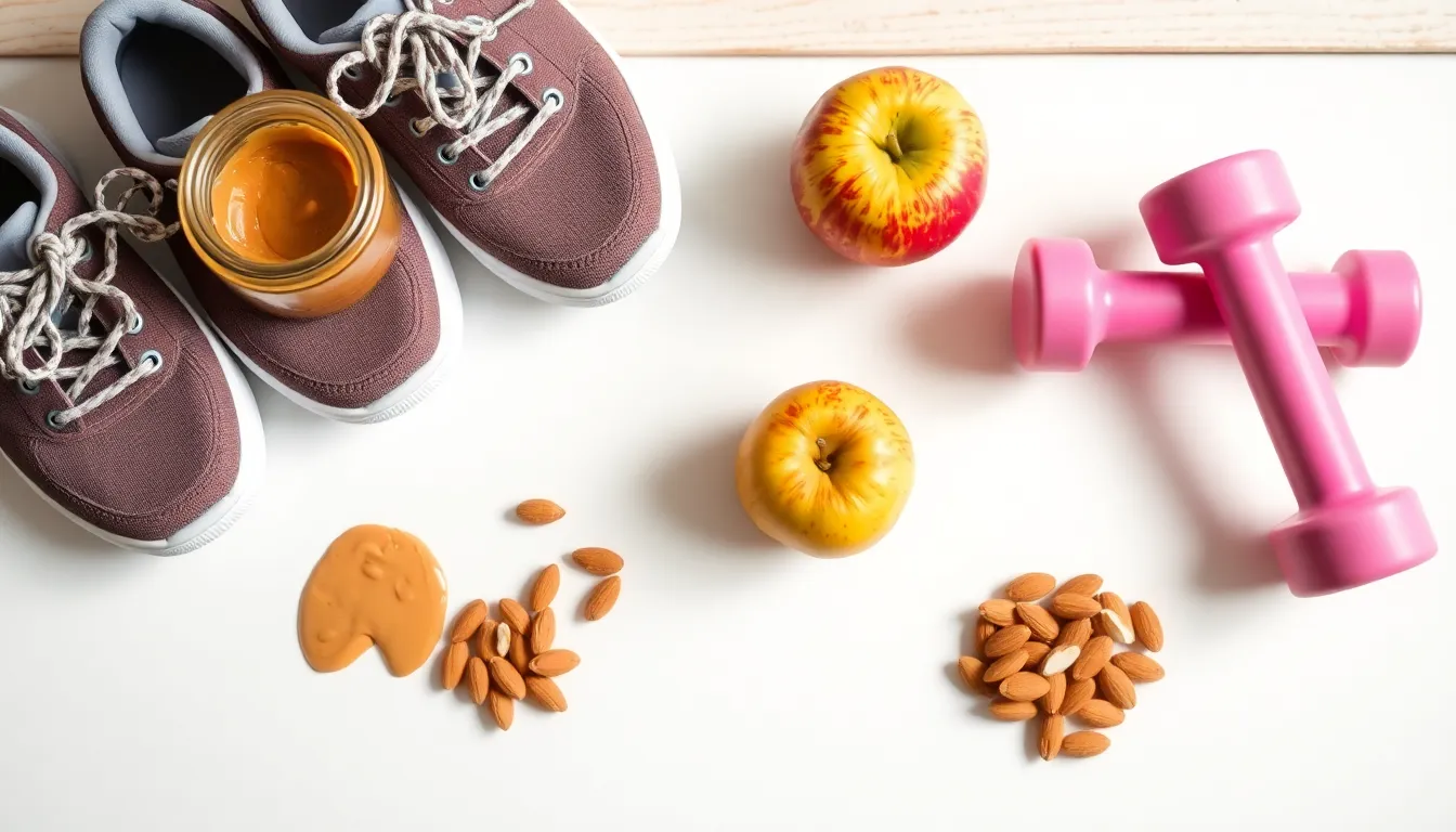 Flat lay of fitness essentials: pink dumbbells, almonds, apple, and sneakers on a white background.