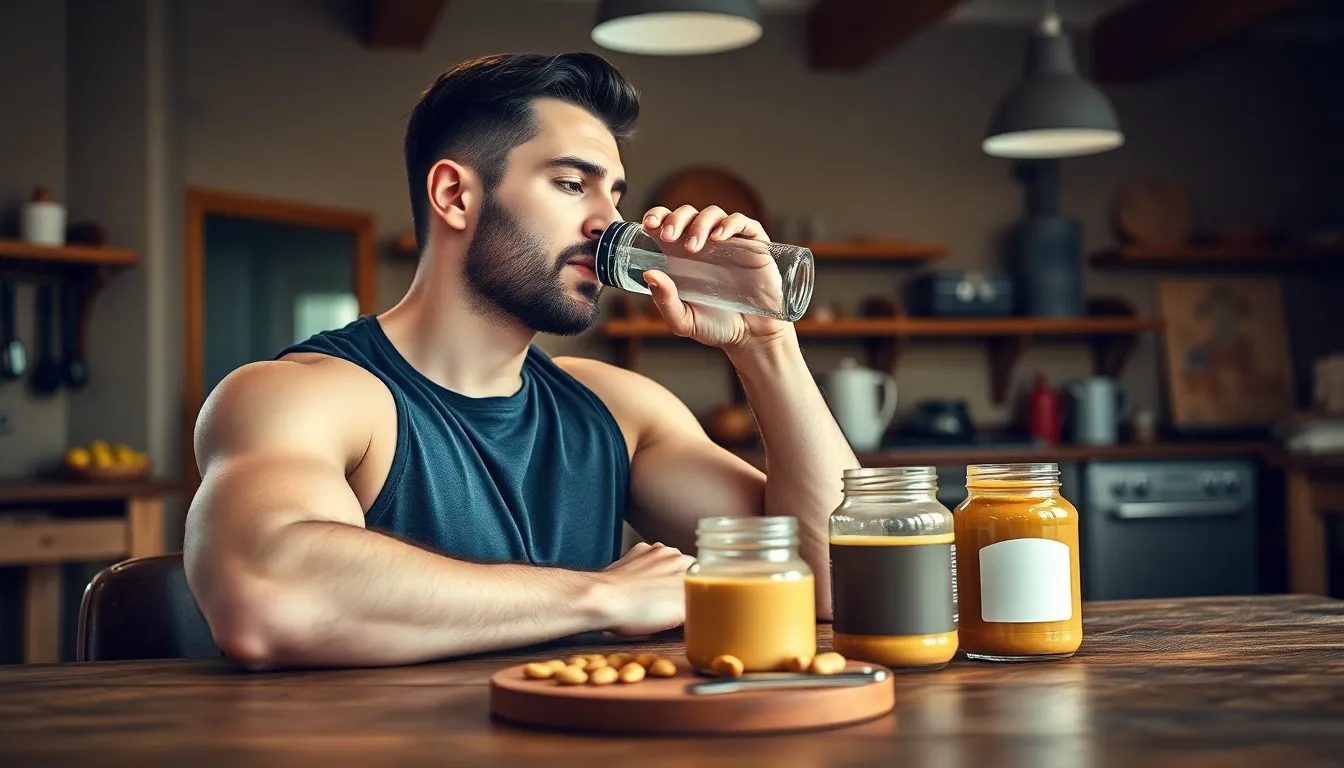 Adult man resting in a gym after a workout, drinking water from a bottle.