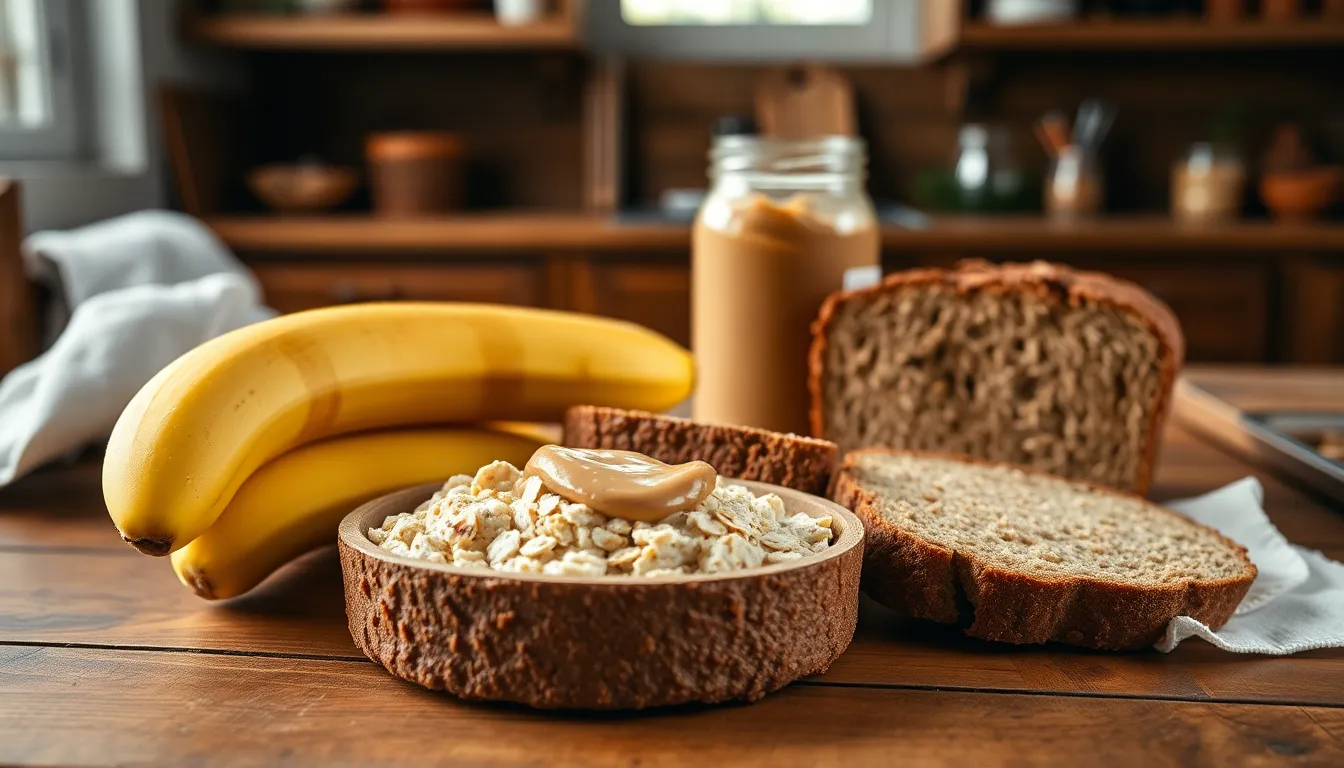 Pre-workout meal with banana, oatmeal and whole grain bread.