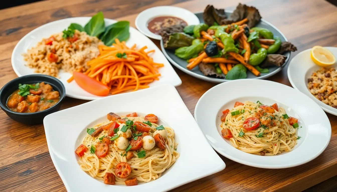 A variety of Asian and Italian dishes presented beautifully on a wooden table, showcasing diverse flavors.