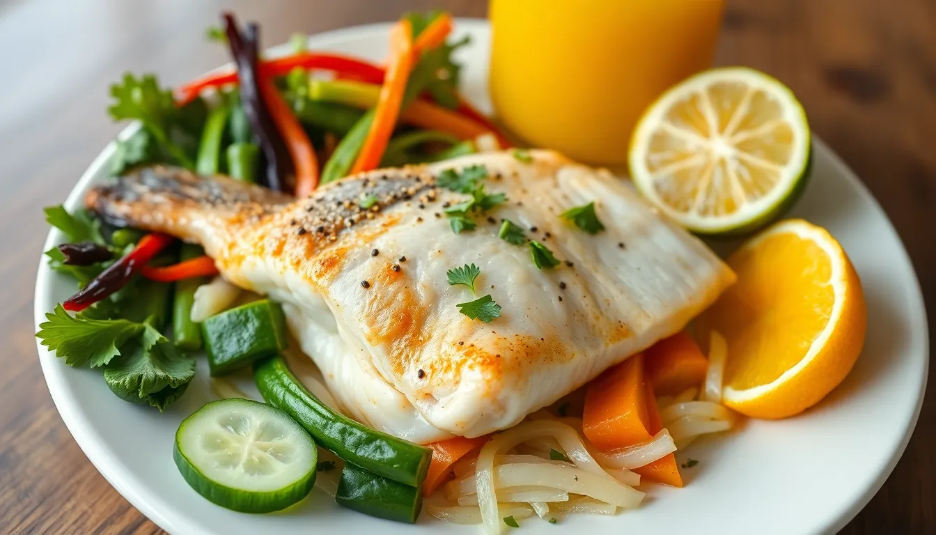 Colorful dish featuring steamed fish, veggies, cucumber, and a glass of orange juice.