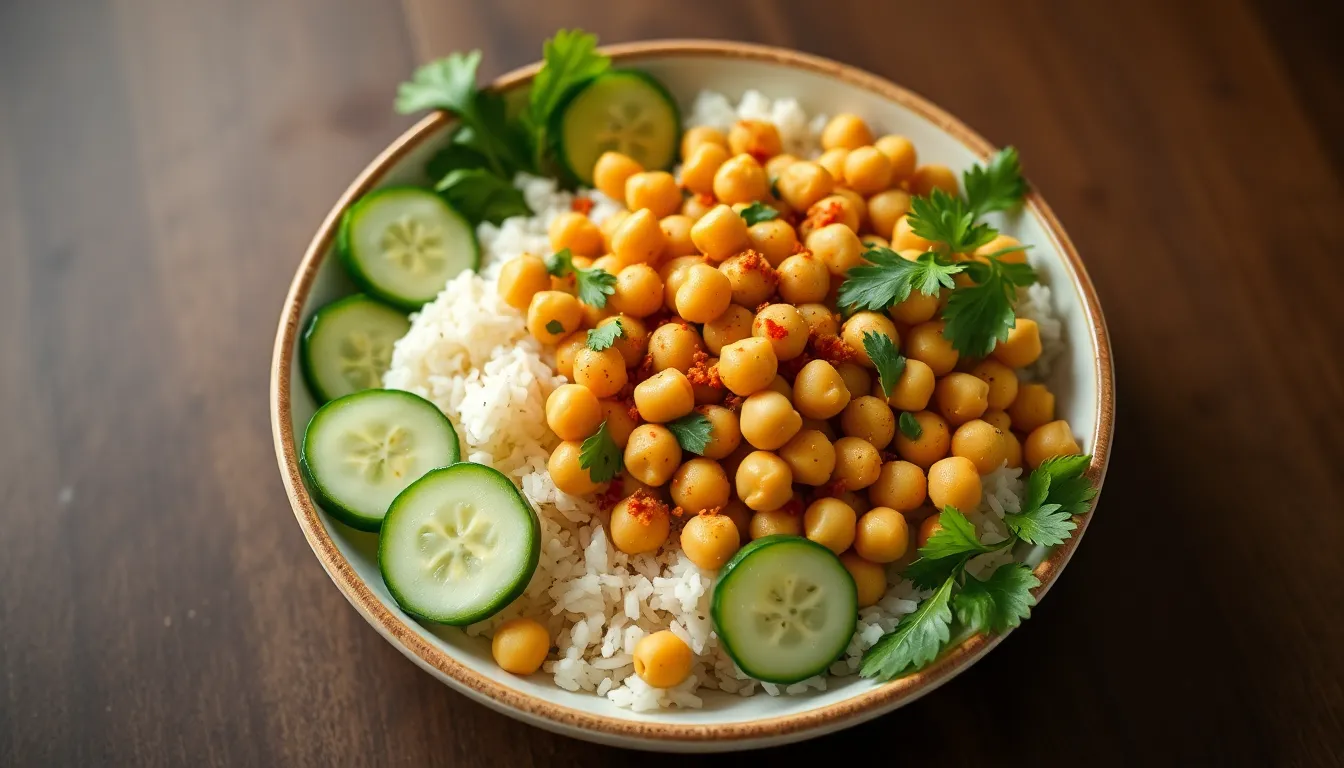 A delicious, healthy vegan bowl featuring chickpeas, rice, cucumbers, and spices. Perfect for a nutritious meal.