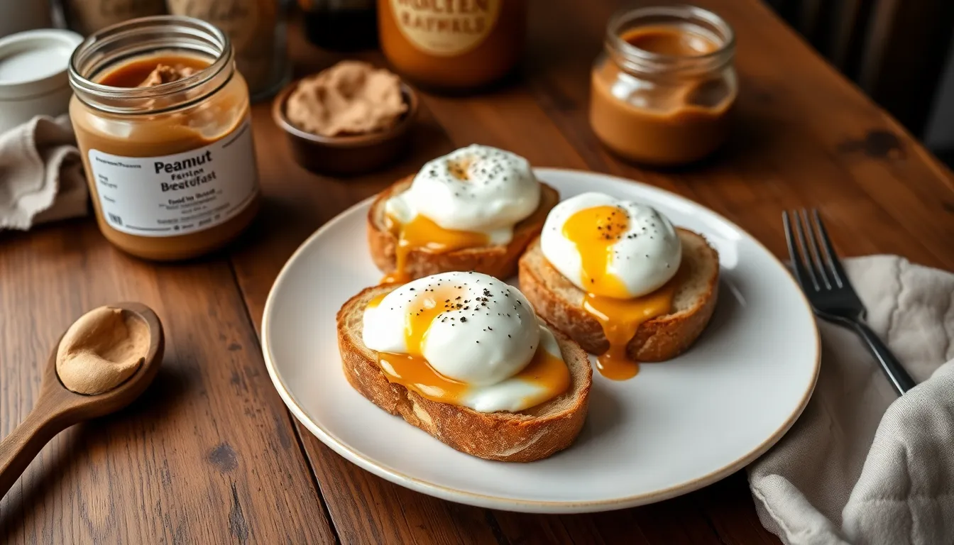 A cozy breakfast plate with toasted bread topped with poached eggs and spreads, perfect for mornings.