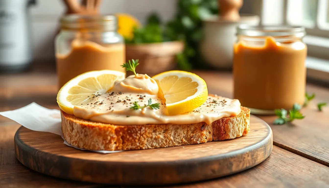 Rustic toast with a creamy herb spread and lemon wedge, perfect for a tasty breakfast.