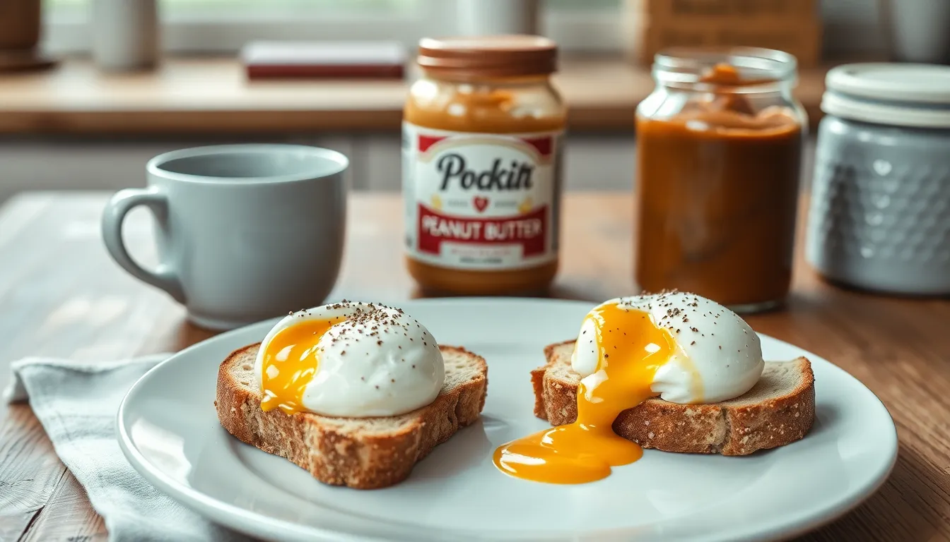 Delicious rustic breakfast featuring poached eggs on toast and spread with a side of coffee.