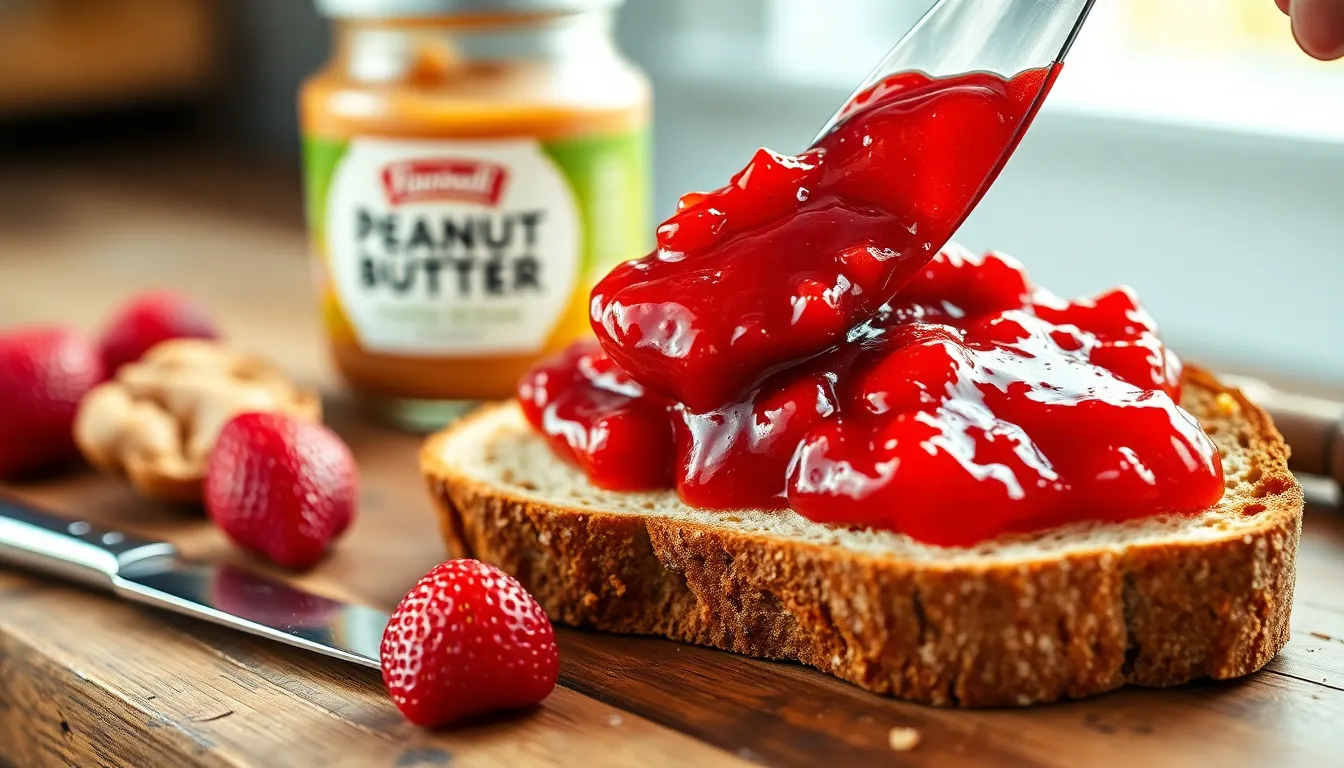 Extreme close-up of strawberry jam spread on toast with a knife, highlighting texture.