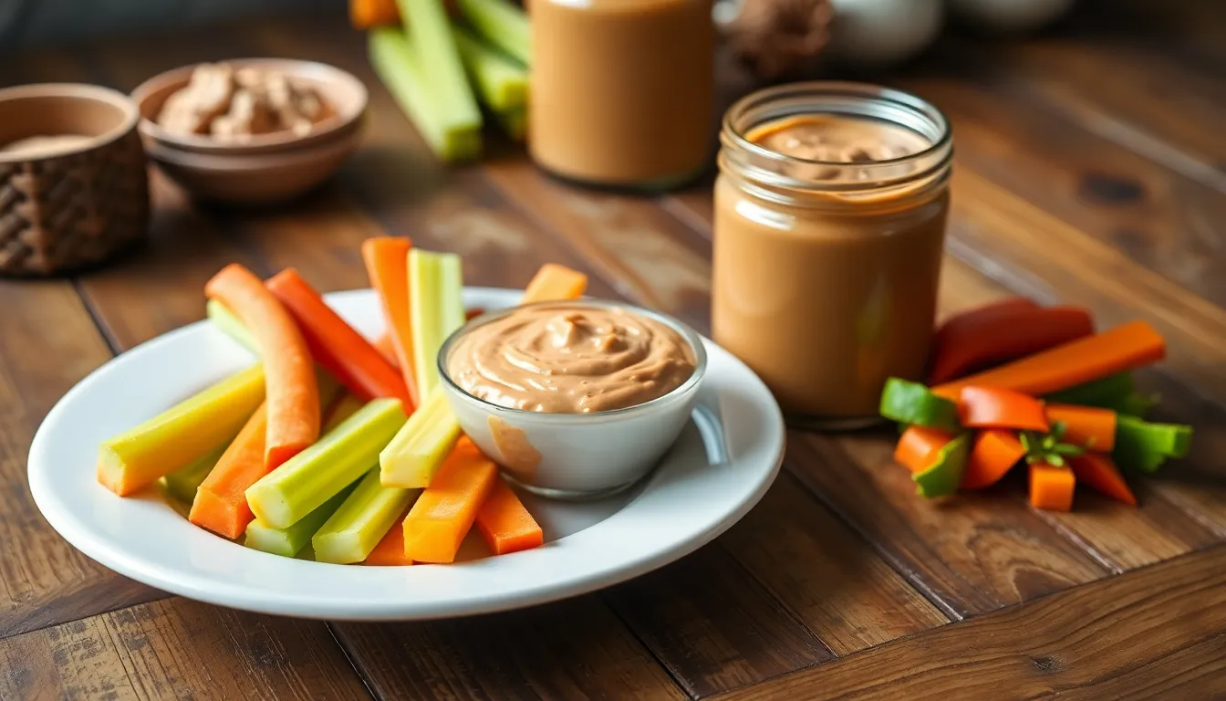 Celery sticks and vegetable crudites arranged with a peanut butter dipping sauce on a plate.
