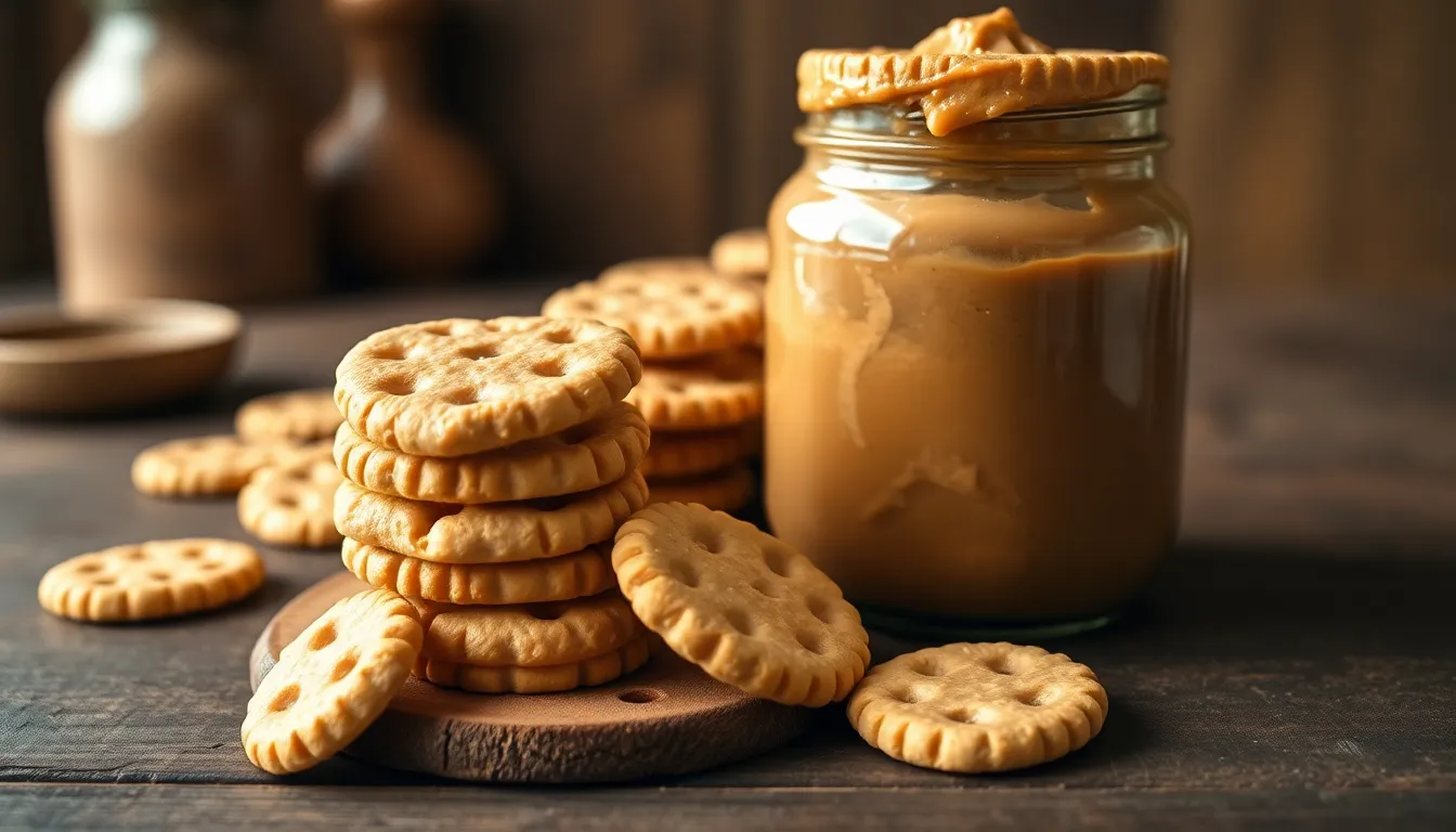 Delicious peanut butter spread on crispy crackers, perfect for a tasty snack.