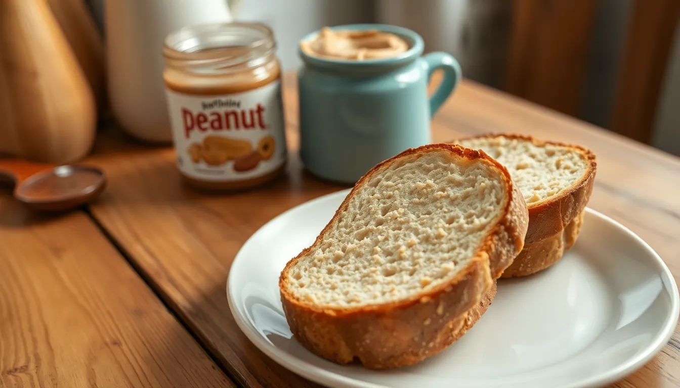 Two slices of bread on a ceramic plate, perfect for a breakfast setting.