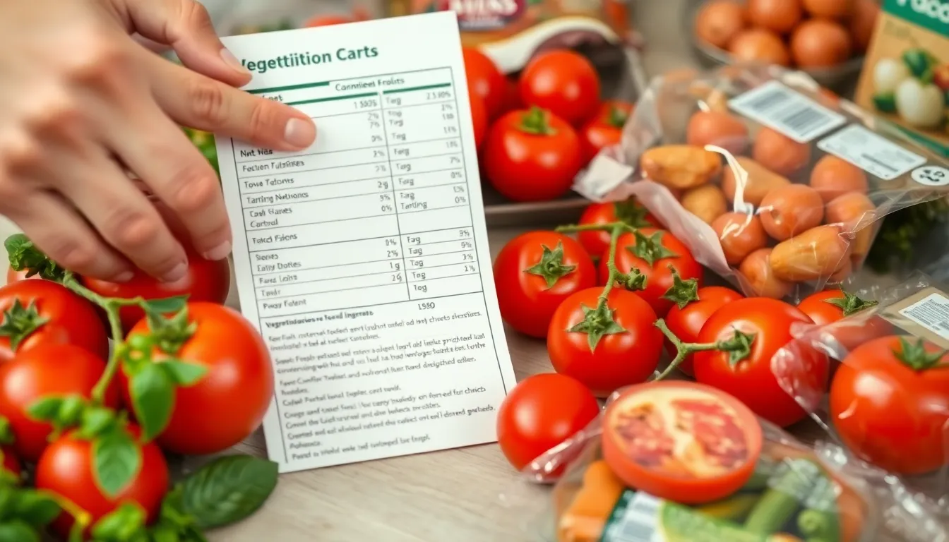 Close-up of hands pointing to a vegetable nutrition chart with fresh tomatoes on the table.
