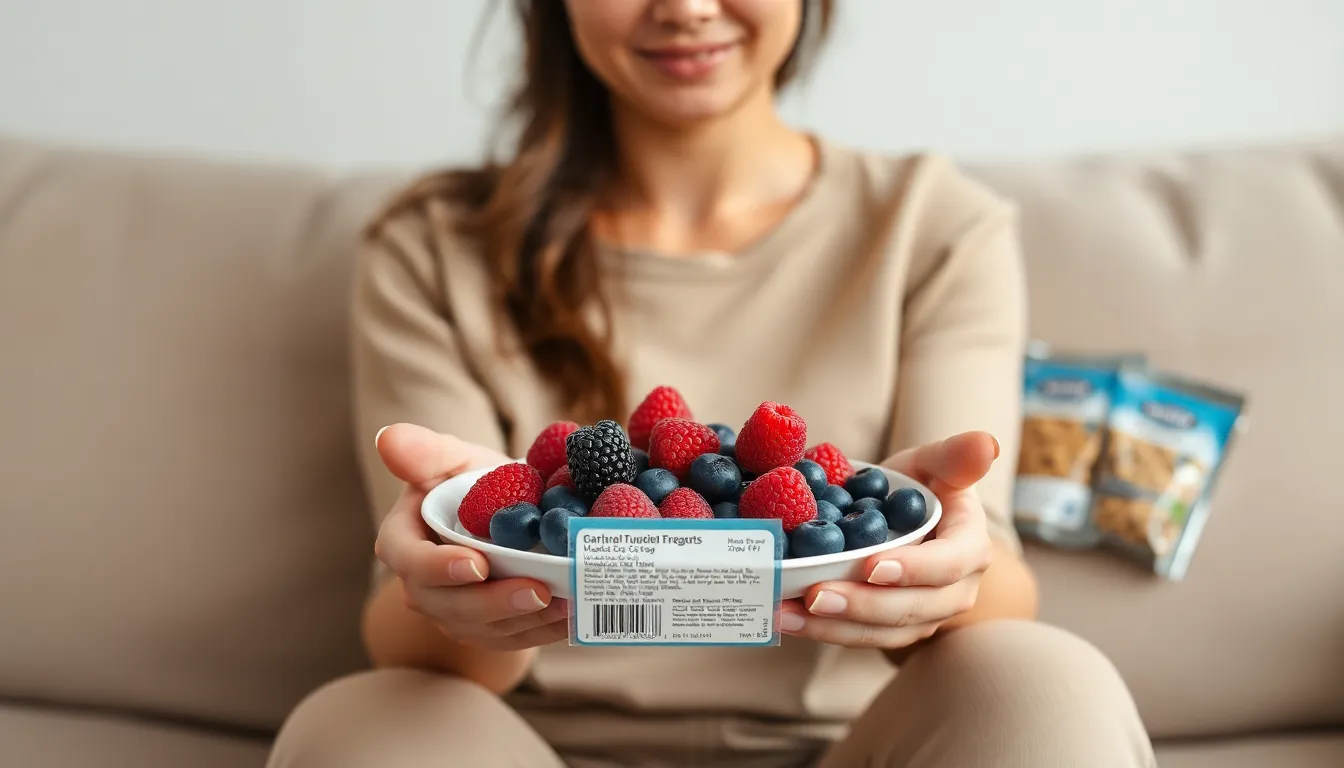 Crop anonymous female sitting on sofa with plate of yummy raspberries and blueberries at home