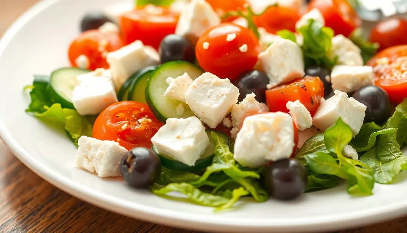 Close-up of a Mediterranean salad with cucumbers, olives, cherry tomatoes, and feta cheese on a white plate.