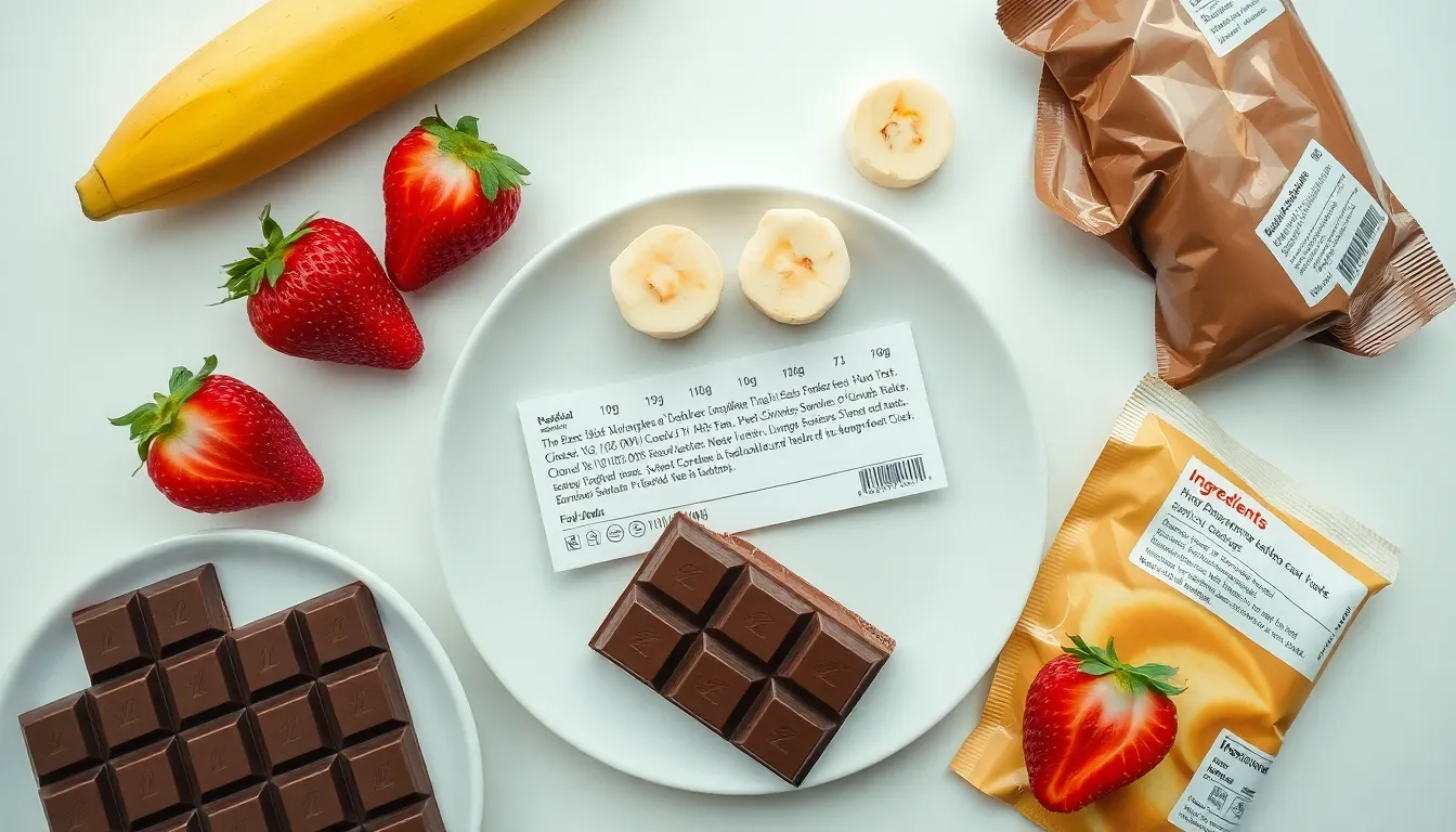 A flat lay of chocolate, strawberries, and banana slices on a white plate.