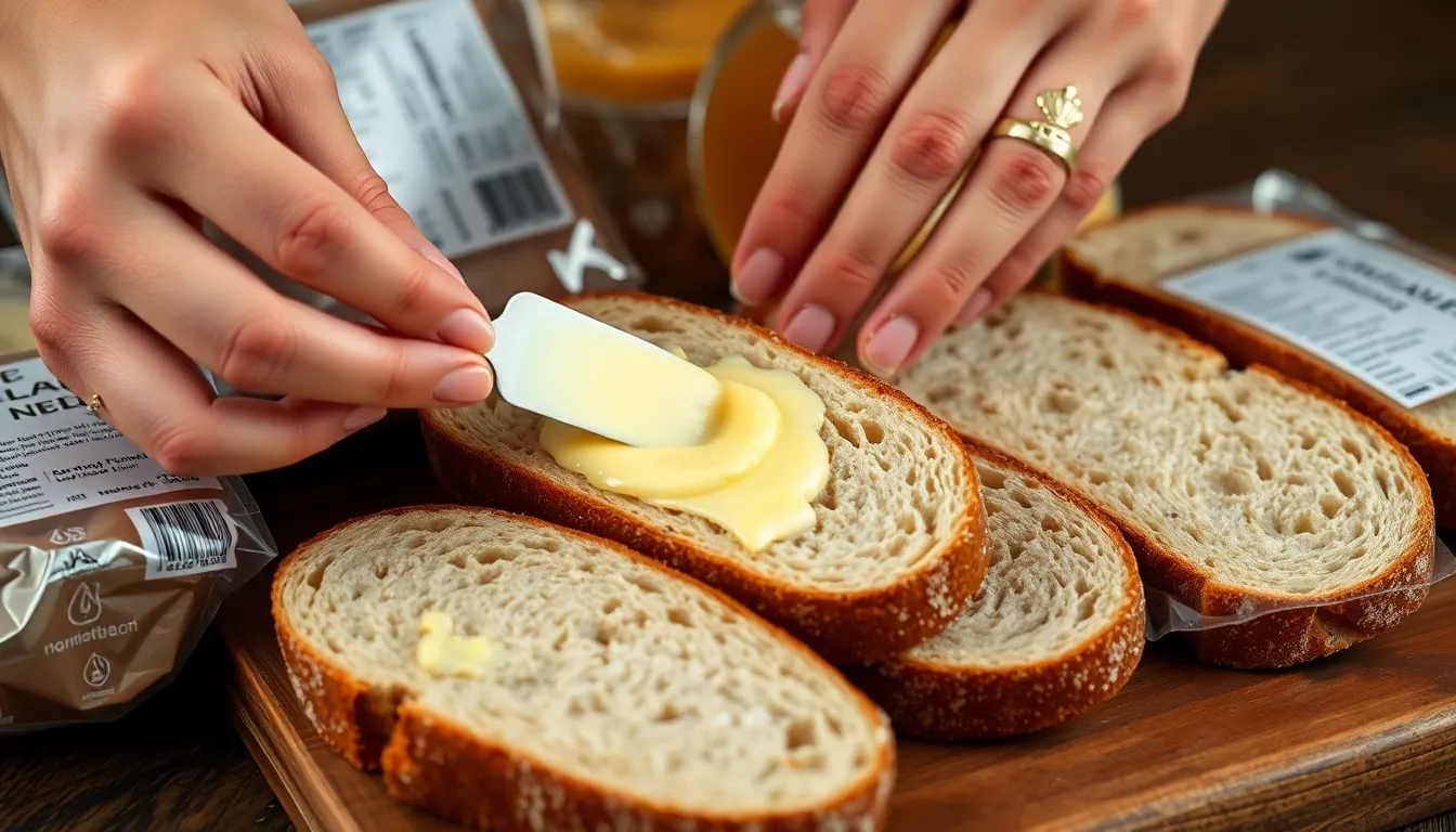 Close-up of hands spreading butter on slices of rustic artisan bread, showcasing texture and freshness.