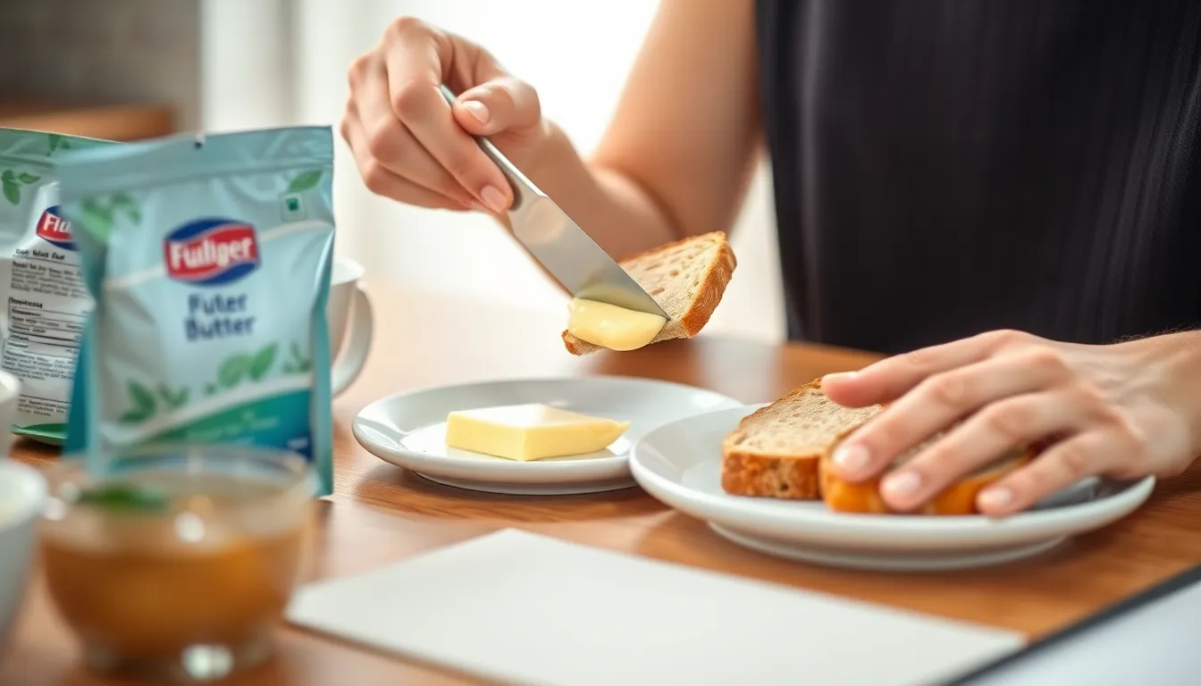 A person spreading butter on sliced bread at a breakfast table with a modern ceramic plate.
