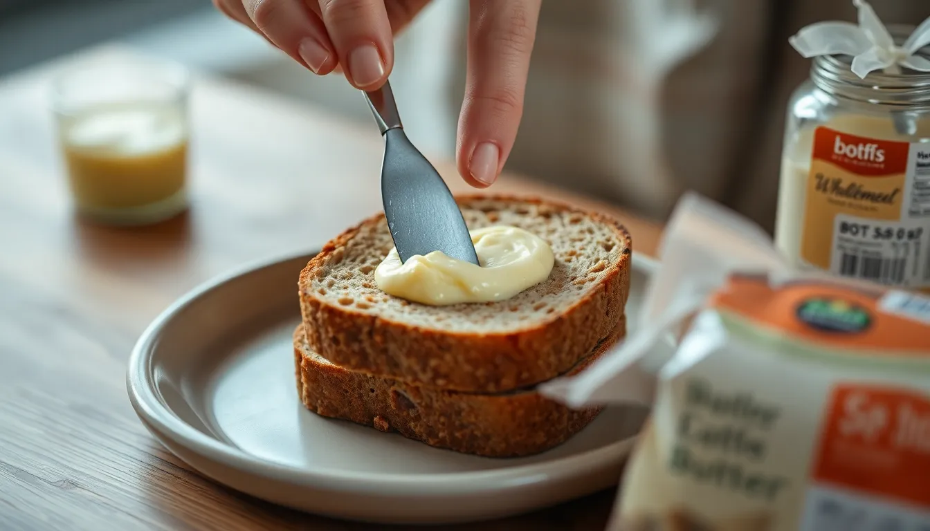 Close-up of a person spreading butter on wholemeal bread for a healthy breakfast.
