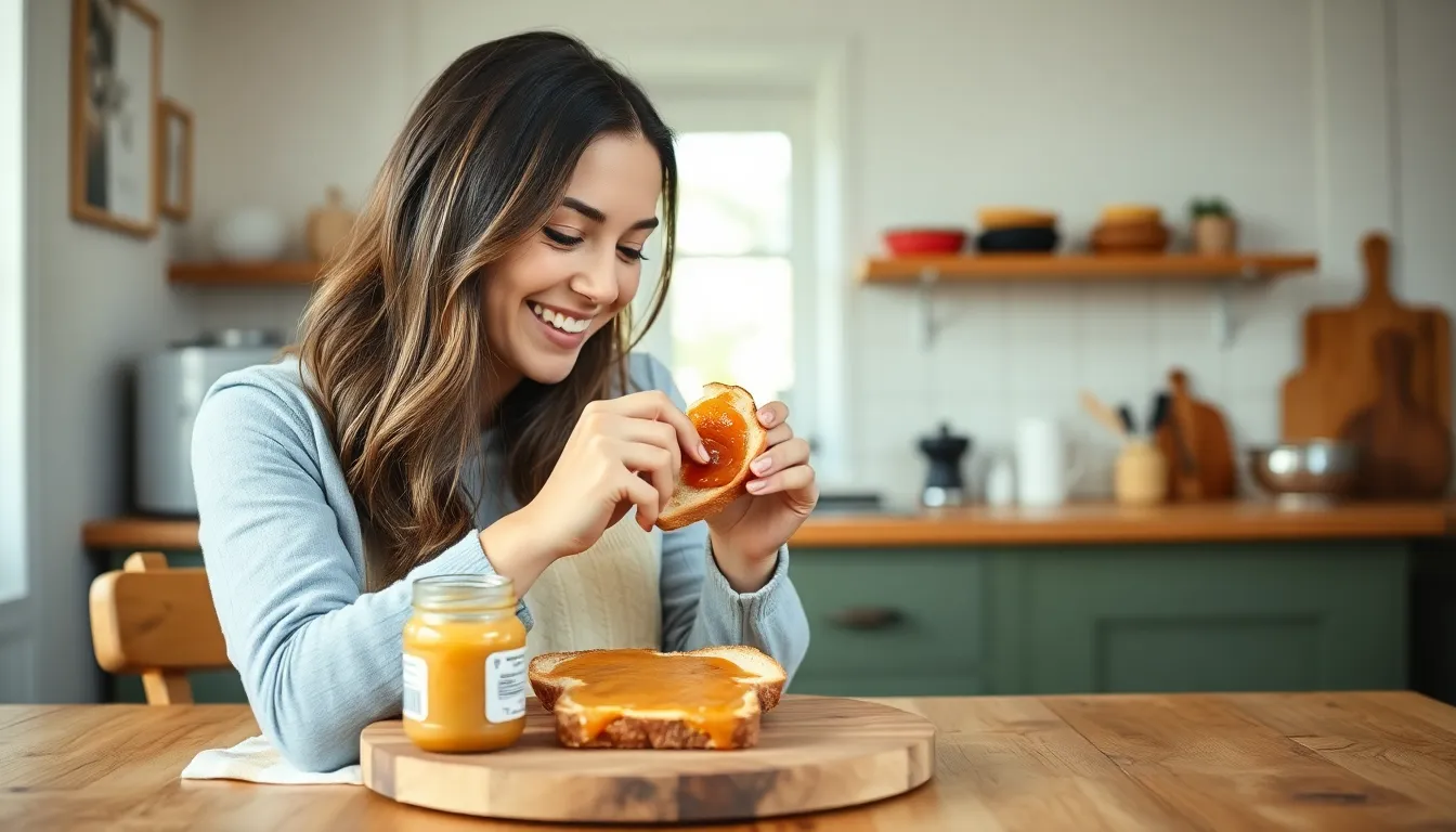 Smiling young woman spreading jam on toast in a cozy kitchen.
