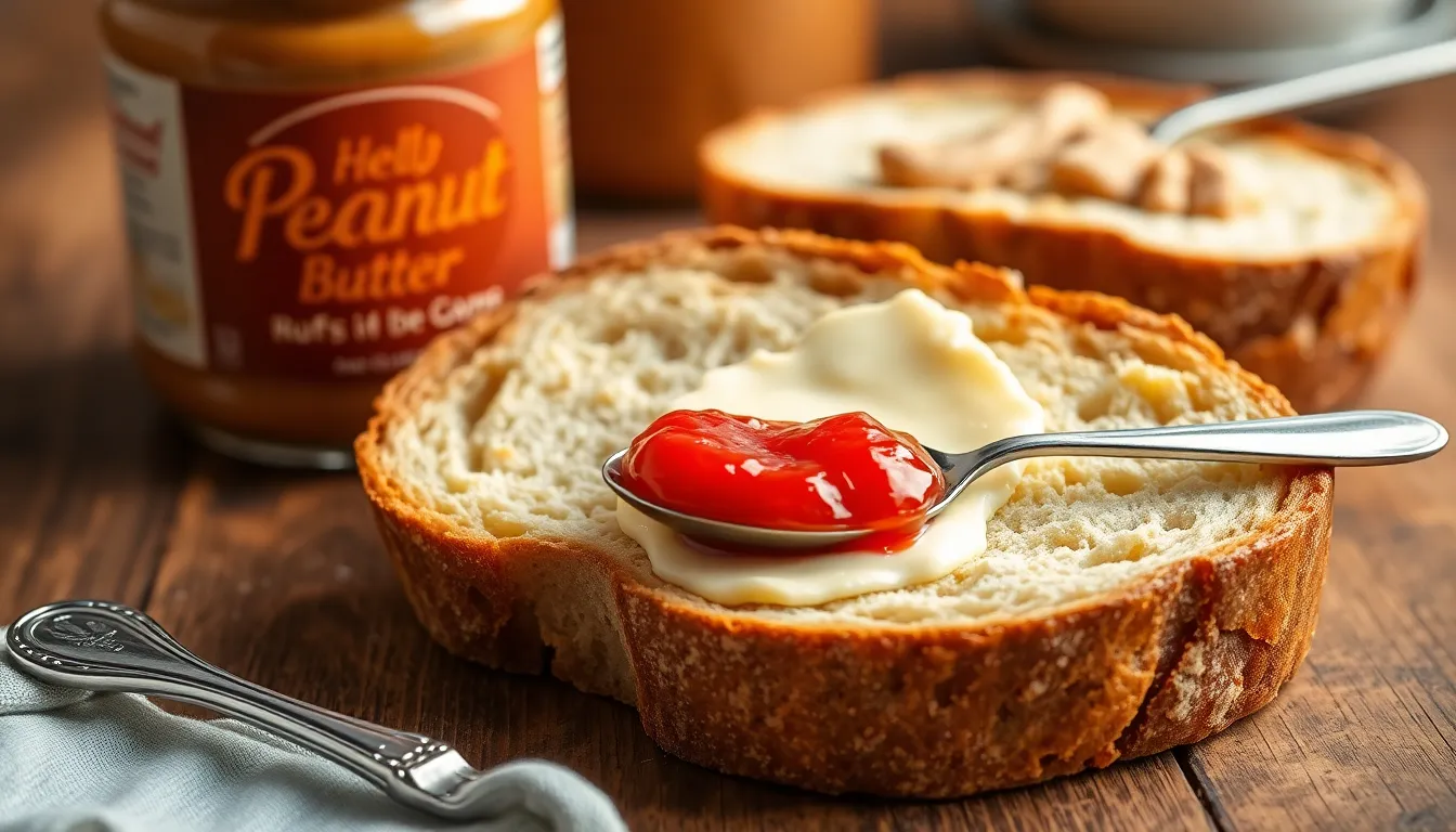 Close-up of rustic bread with butter and strawberry jam on a silver spoon.