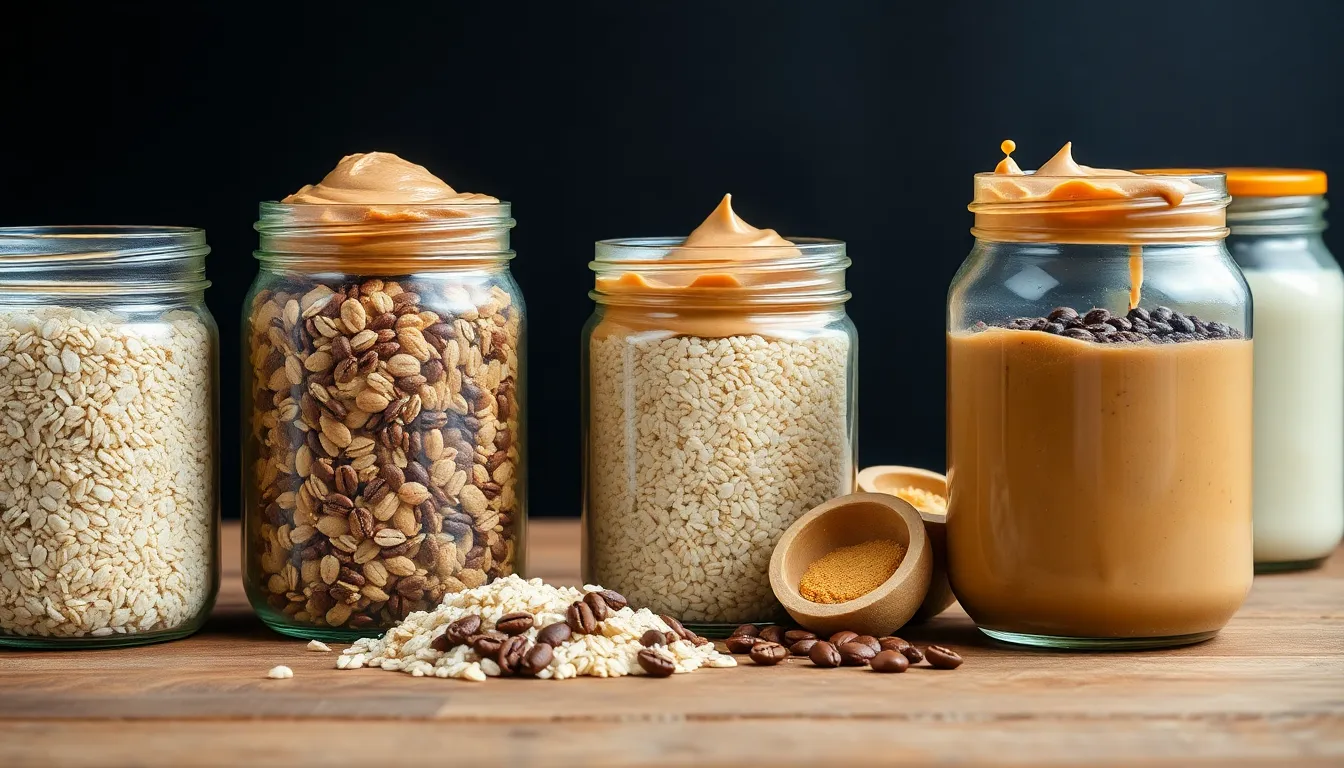 Vertical shot of glass jars with oatmeal, rice, and coffee beans on dark background.