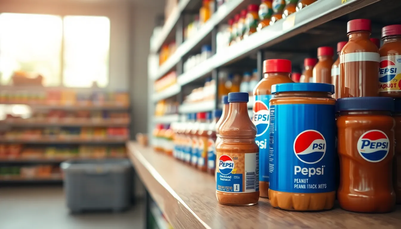 Close-up of an adult shopping for Pepsi and sauces in a grocery store aisle.