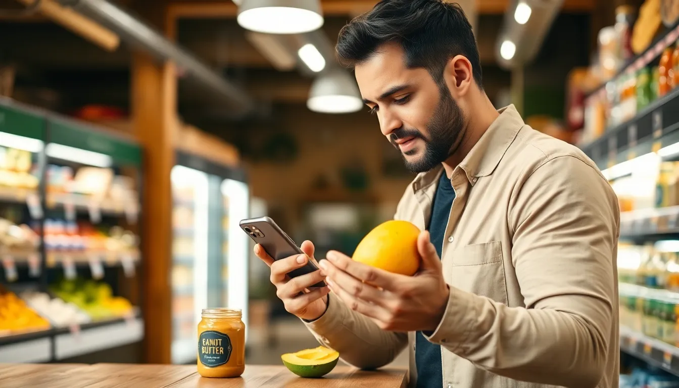 A man examines a mango while shopping with a smartphone in a grocery store.