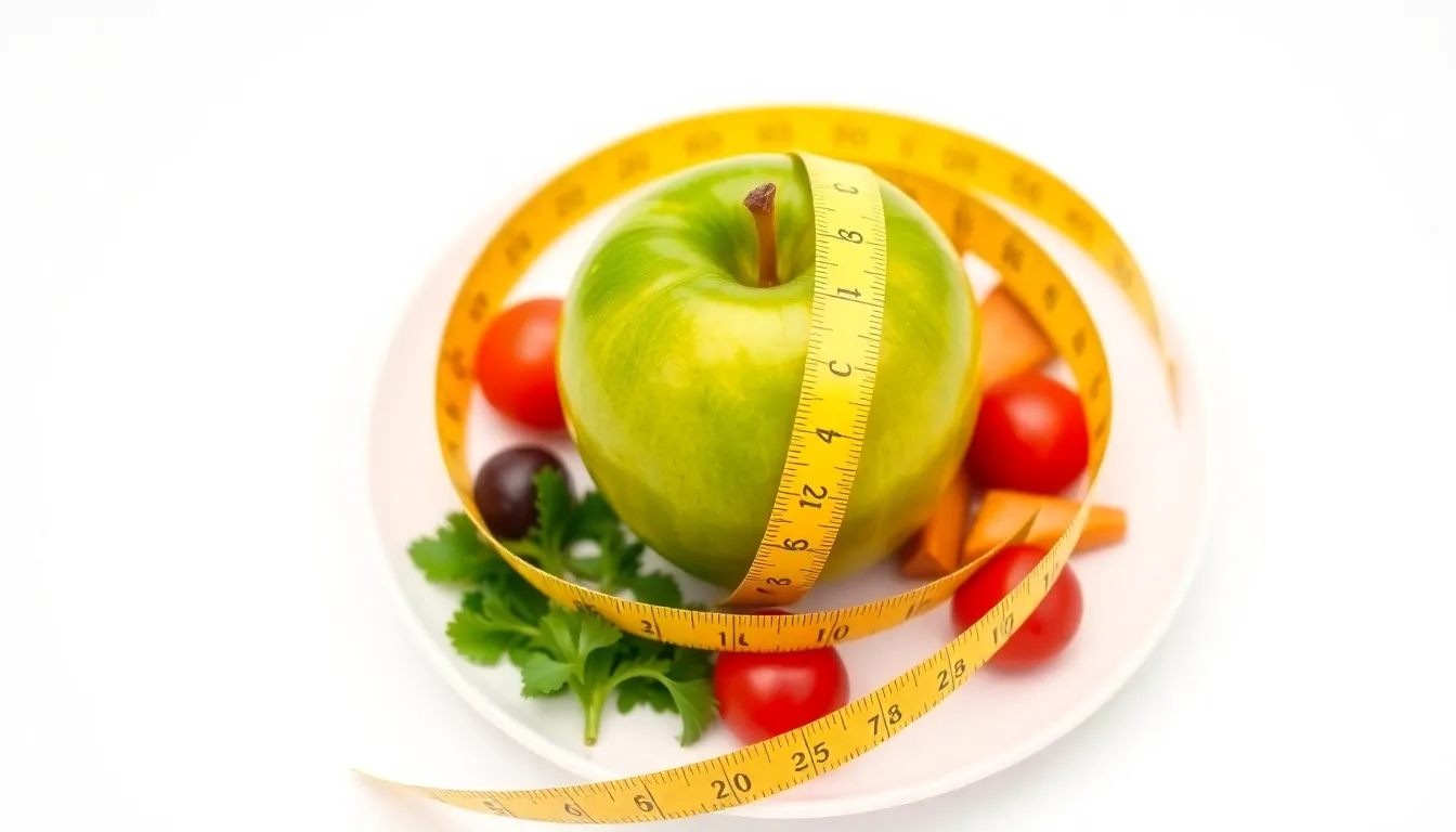 A vibrant green apple encircled by a yellow measuring tape, set against a clean white background.