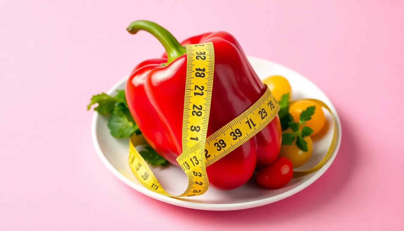 A red bell pepper wrapped with a yellow measuring tape on a pink background symbolizing diet and health.