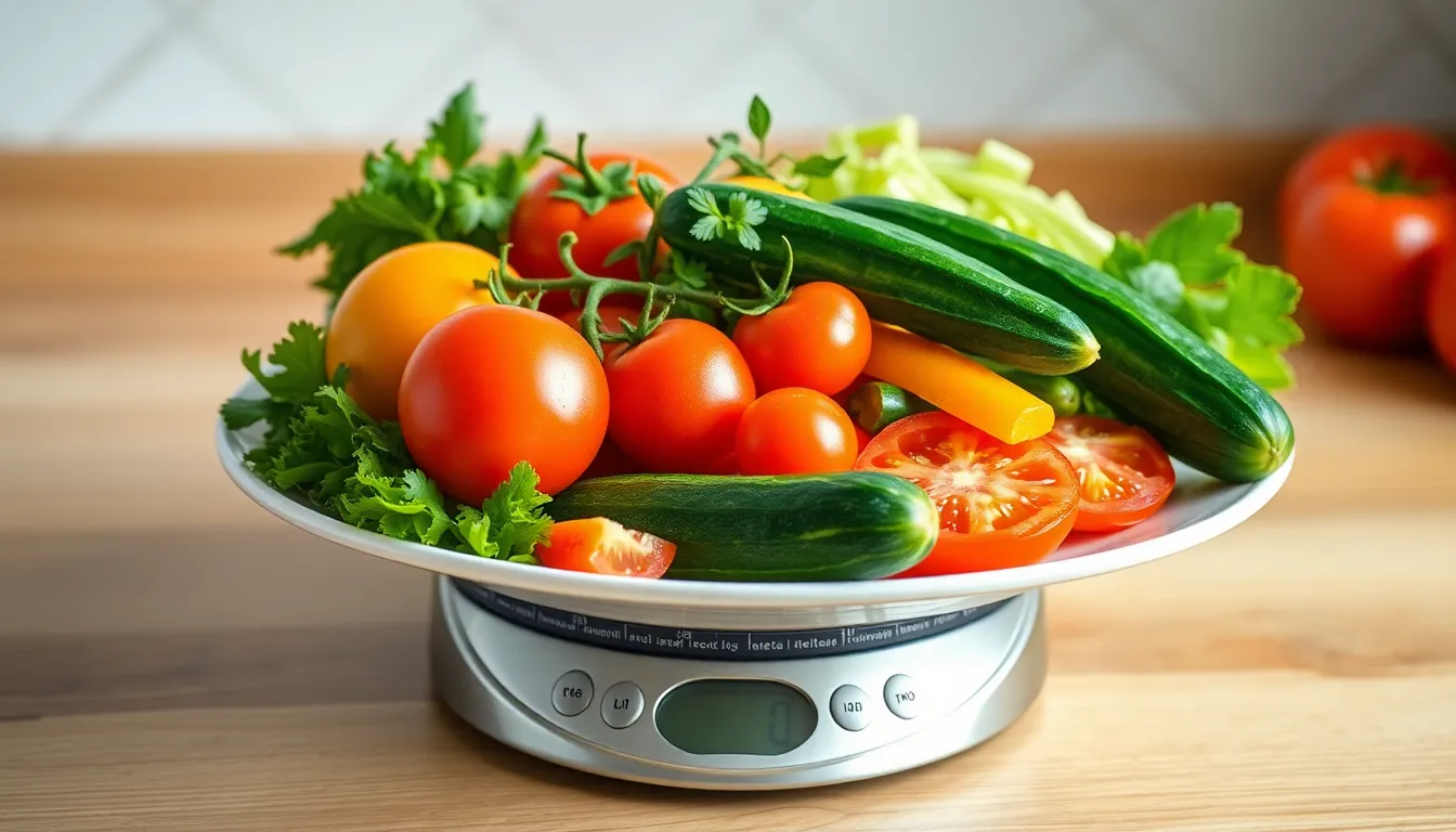 Colorful fresh vegetables including tomatoes and cucumbers on a kitchen scale for healthy eating.