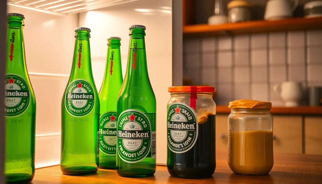 Chilled Heineken beer bottles neatly arranged in a refrigerator, ready to enjoy.
