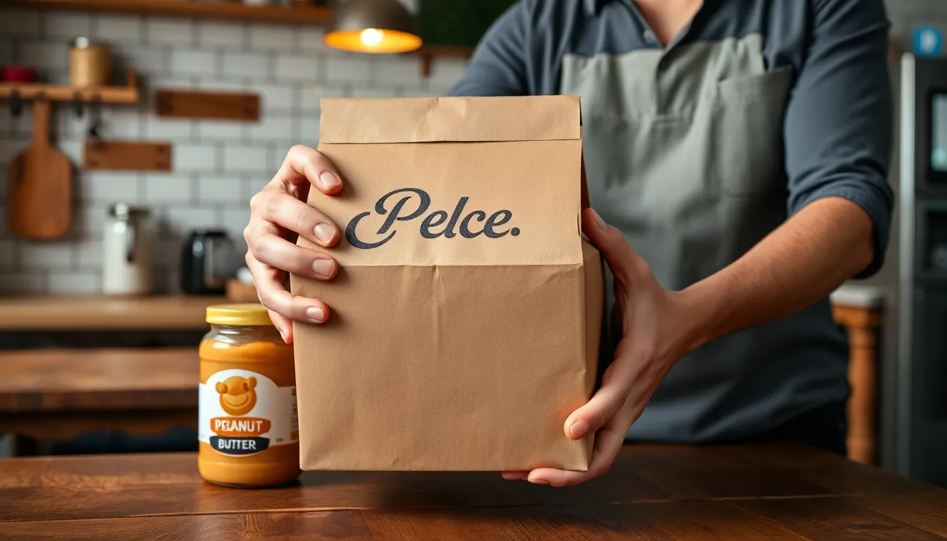 Close-up of a delivery person holding a brown paper food box near a restaurant.