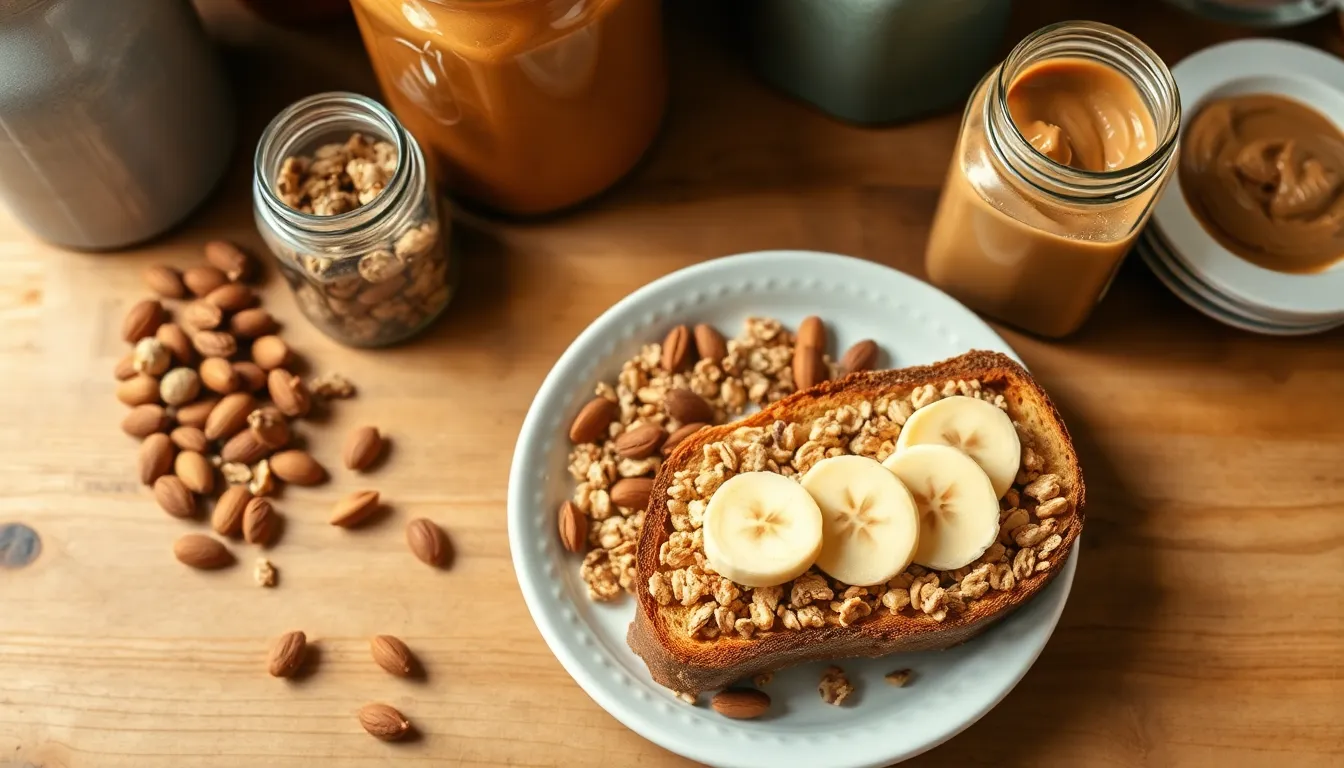 Top view of a nutritious breakfast featuring granola with almonds and banana peanut butter toast.