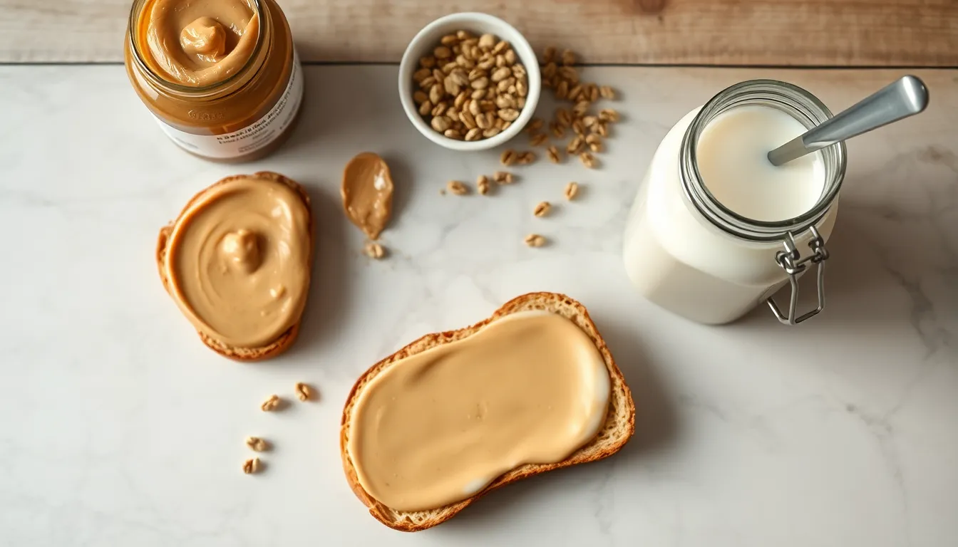 Top view of peanut butter toast, granola, and milk on a marble table, perfect for breakfast themes.