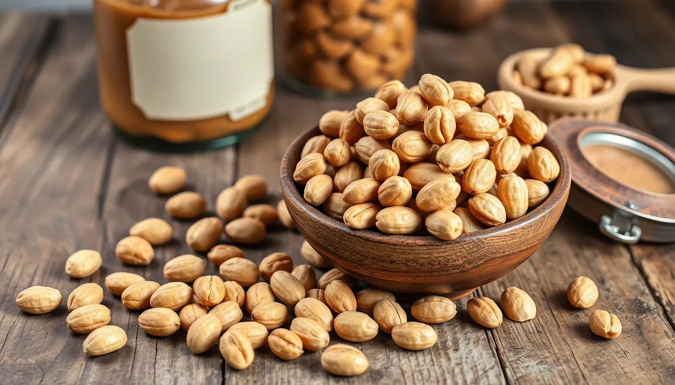 Roasted peanuts in a bowl with scattered peanuts on a rustic wooden surface.