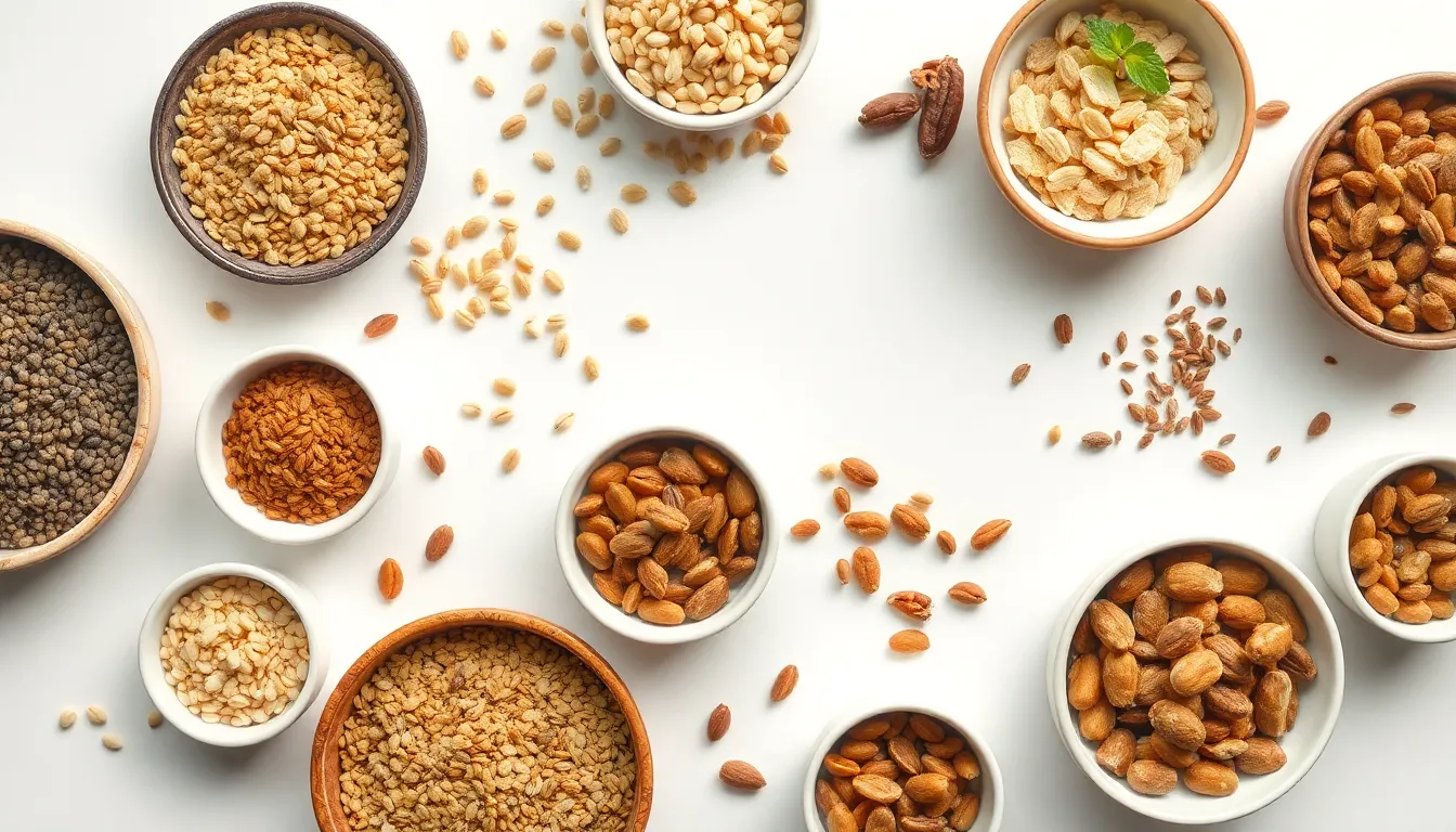 Flat lay of assorted grains, seeds, and nuts in bowls and cups on a white surface.