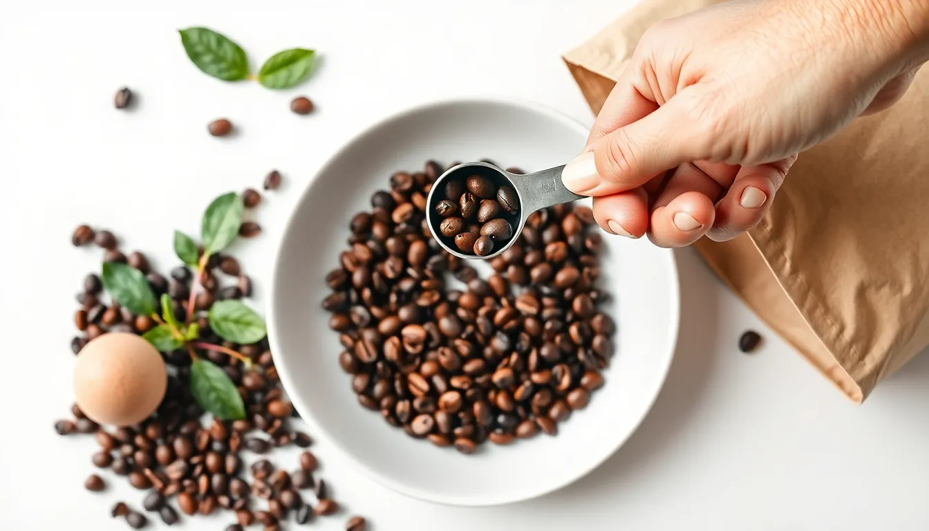 A hand holding a measuring spoon with coffee beans over an open bag on a white background.