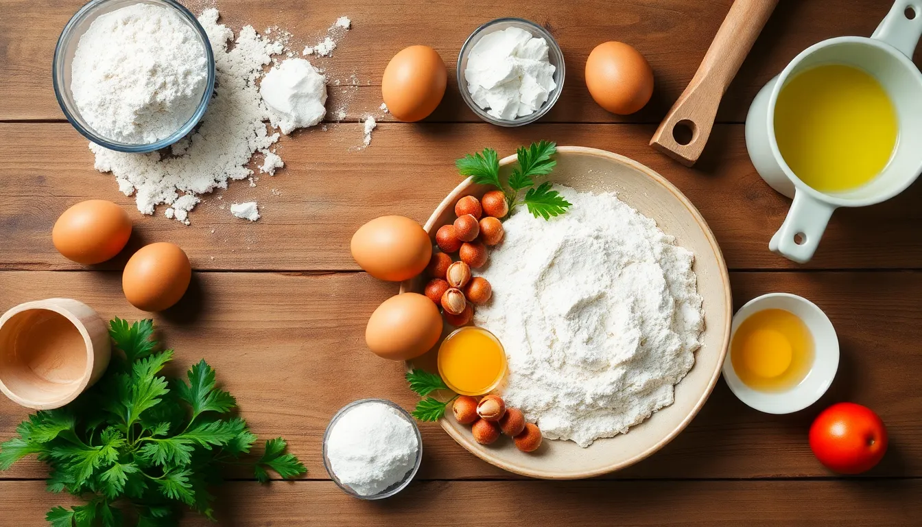 Top view of baking ingredients including eggs, flour, and tools on a rustic wooden table.