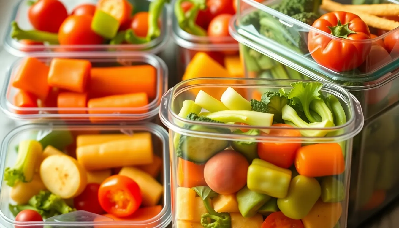 Close-up view of assorted fresh vegetables stored in plastic containers preserving freshness.