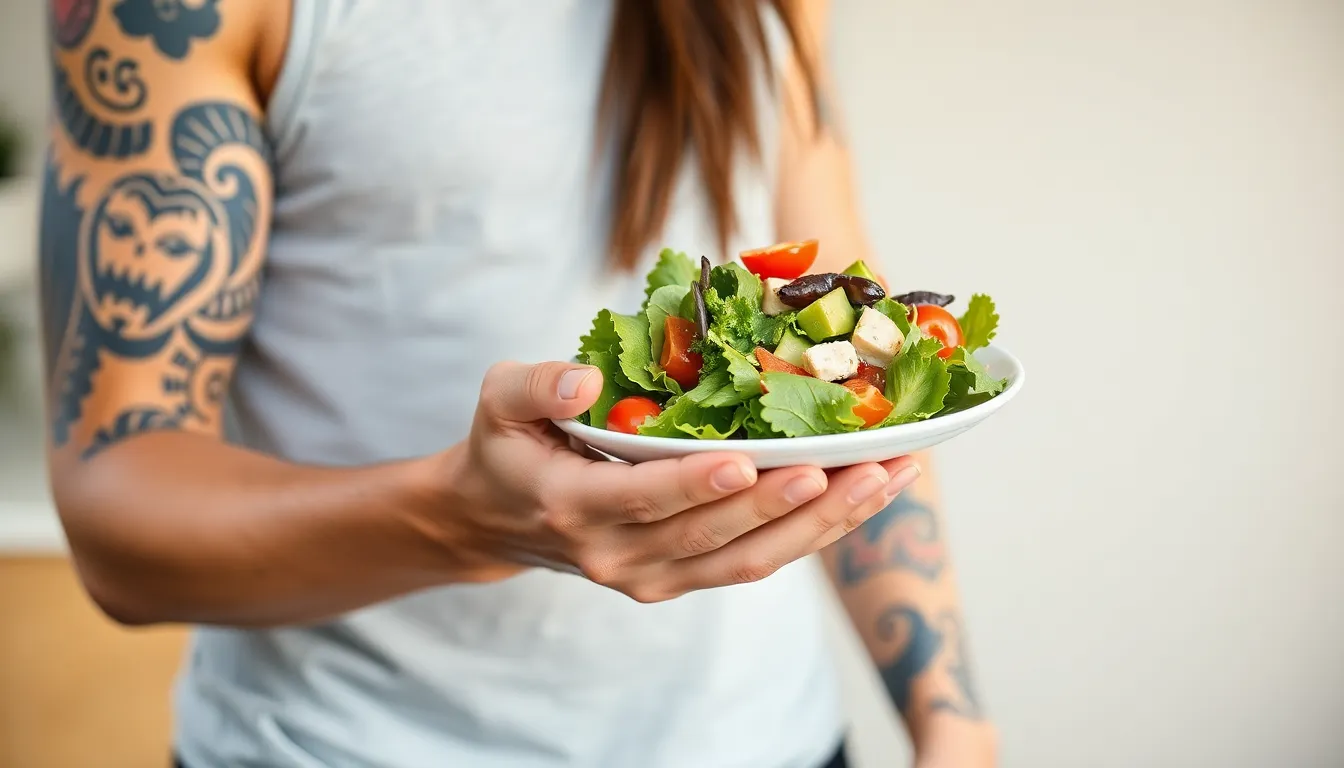 A tattooed individual holding a fresh salad, symbolizing healthy lifestyle and fitness motivation.