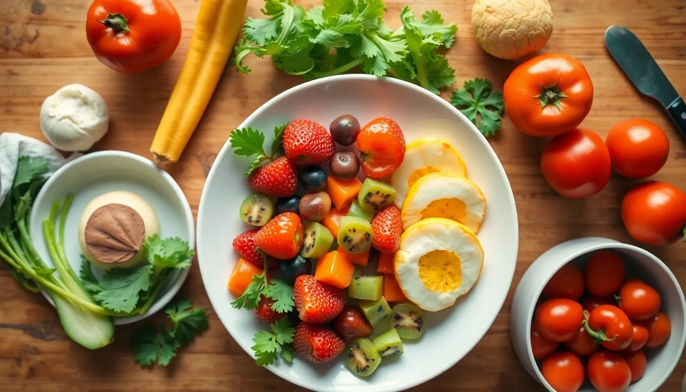Overhead view of fresh fruit and vegetables being prepared for a healthy lunch.