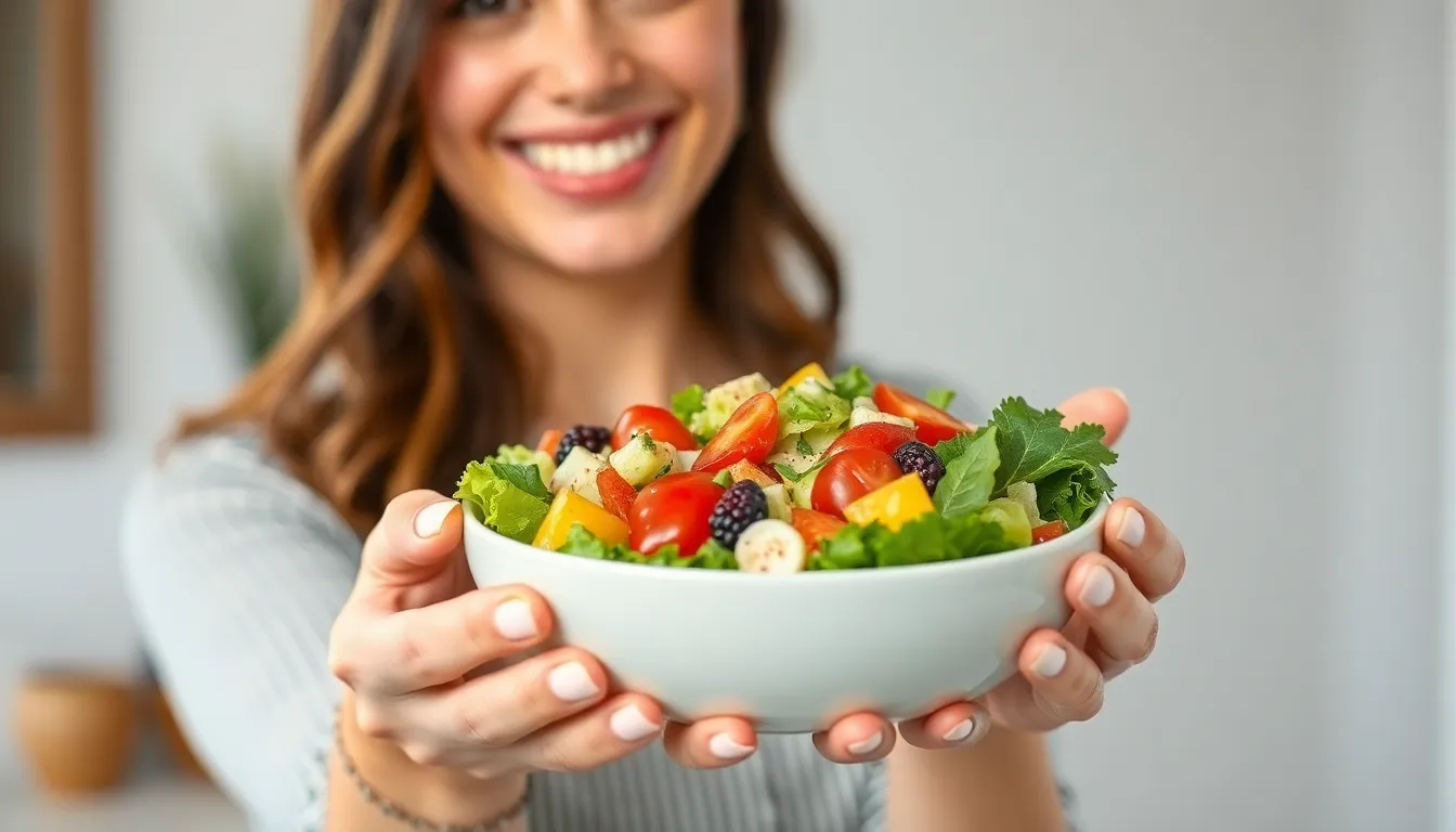 A woman with a vibrant smile offering a fresh salad bowl, promoting healthy eating.