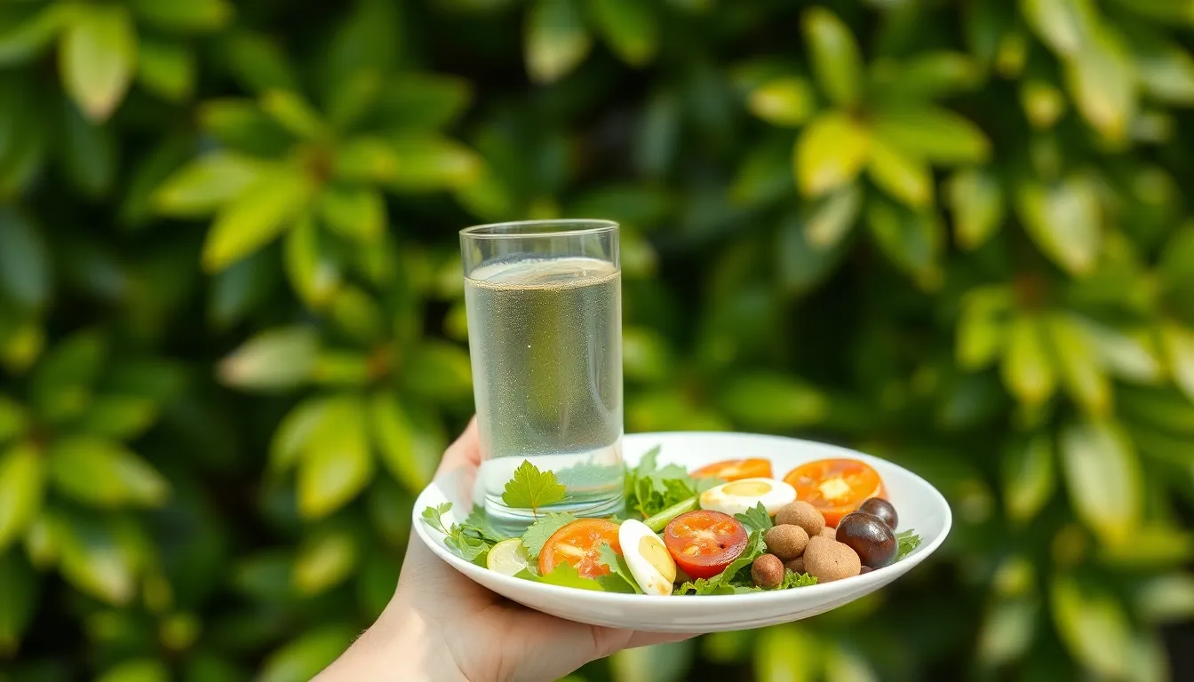 A hand holds a glass of water against a blurred green leafy background.