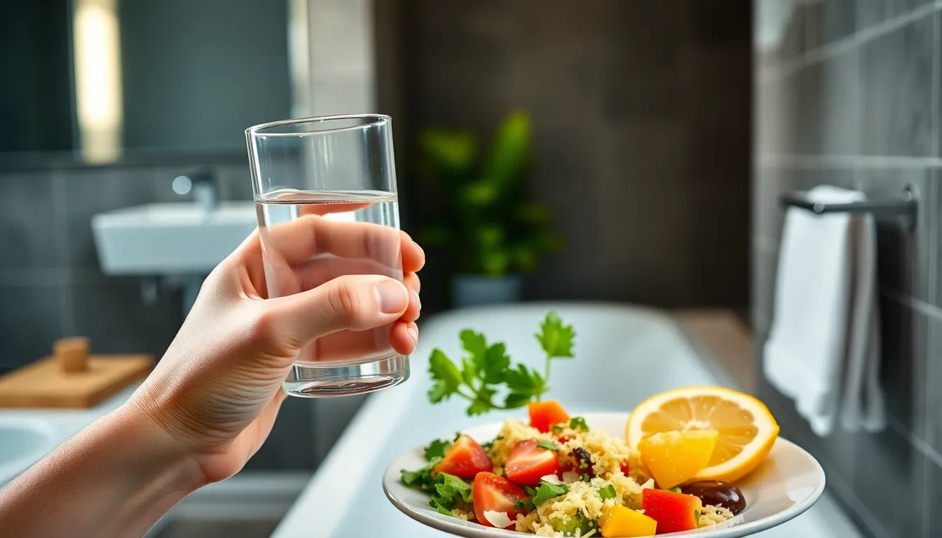 Close-up of a person holding a glass of water in a modern bathroom setting.