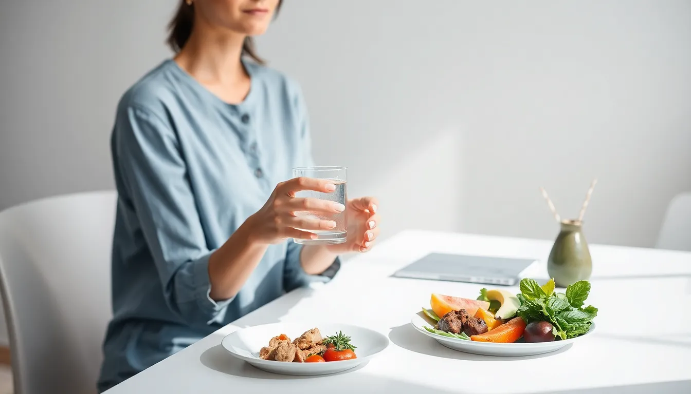 Woman sitting at a bright, minimalist workspace with natural light, holding a glass of water.