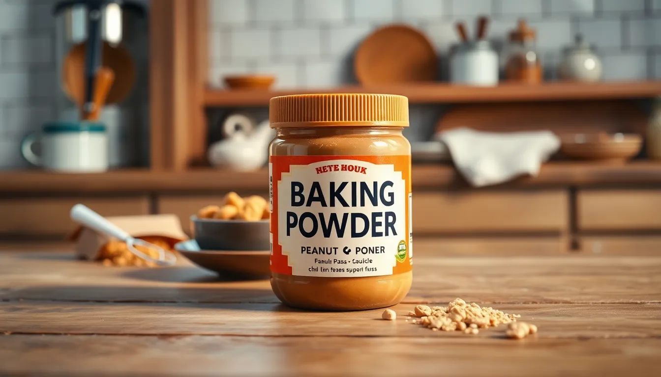 High-quality image of a baking powder container on a kitchen counter, ideal for culinary themes.