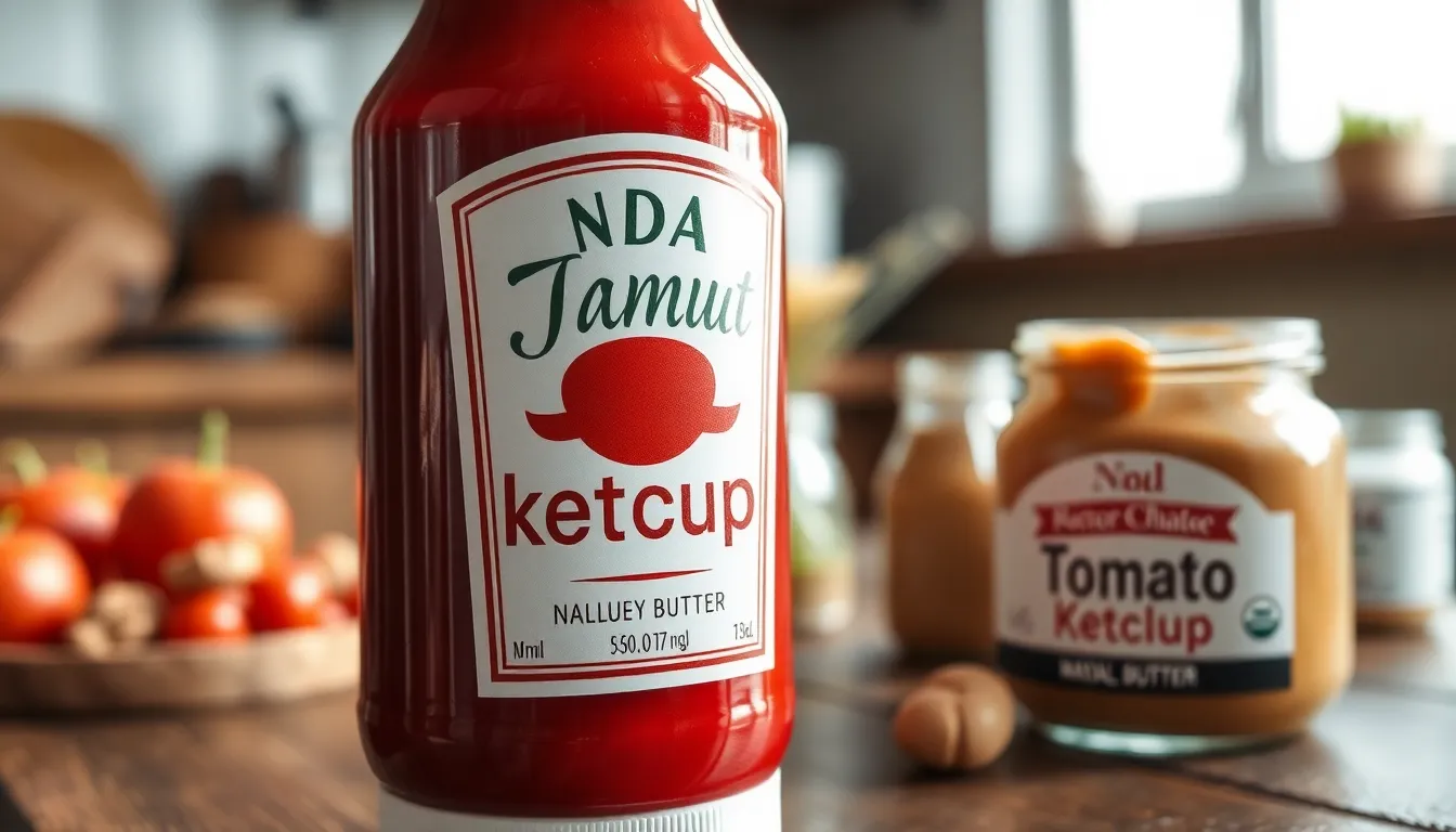 Close-up of a natural tomato ketchup bottle with visible label and branding.