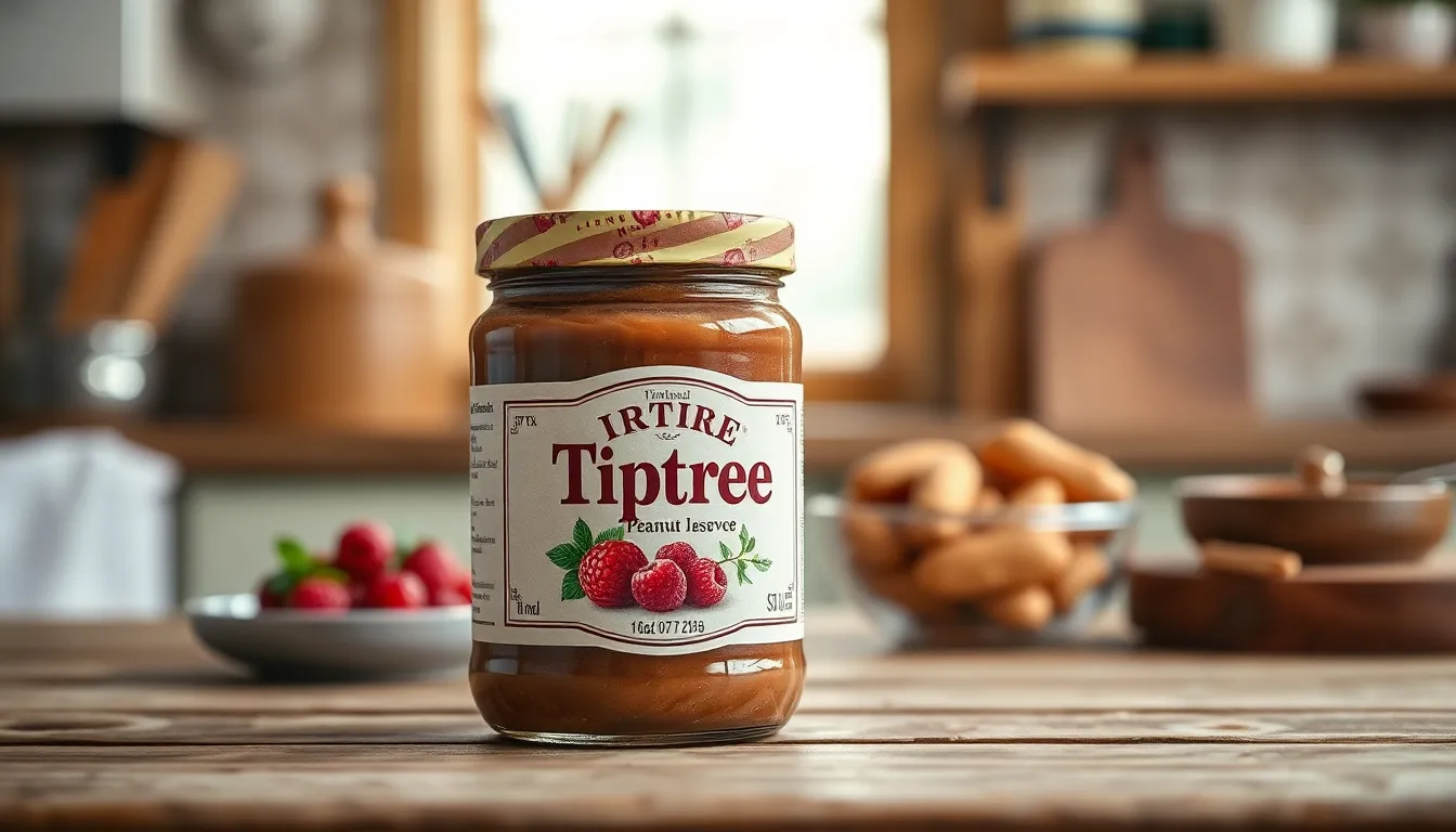 Artistic shot of a Tiptree raspberry preserve jar with vintage label.