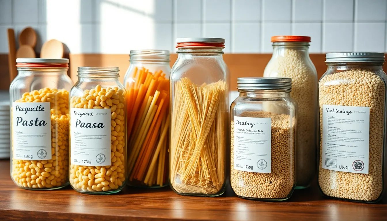 Neatly arranged glass jars holding kitchen staples like pasta and grains on a wooden counter.
