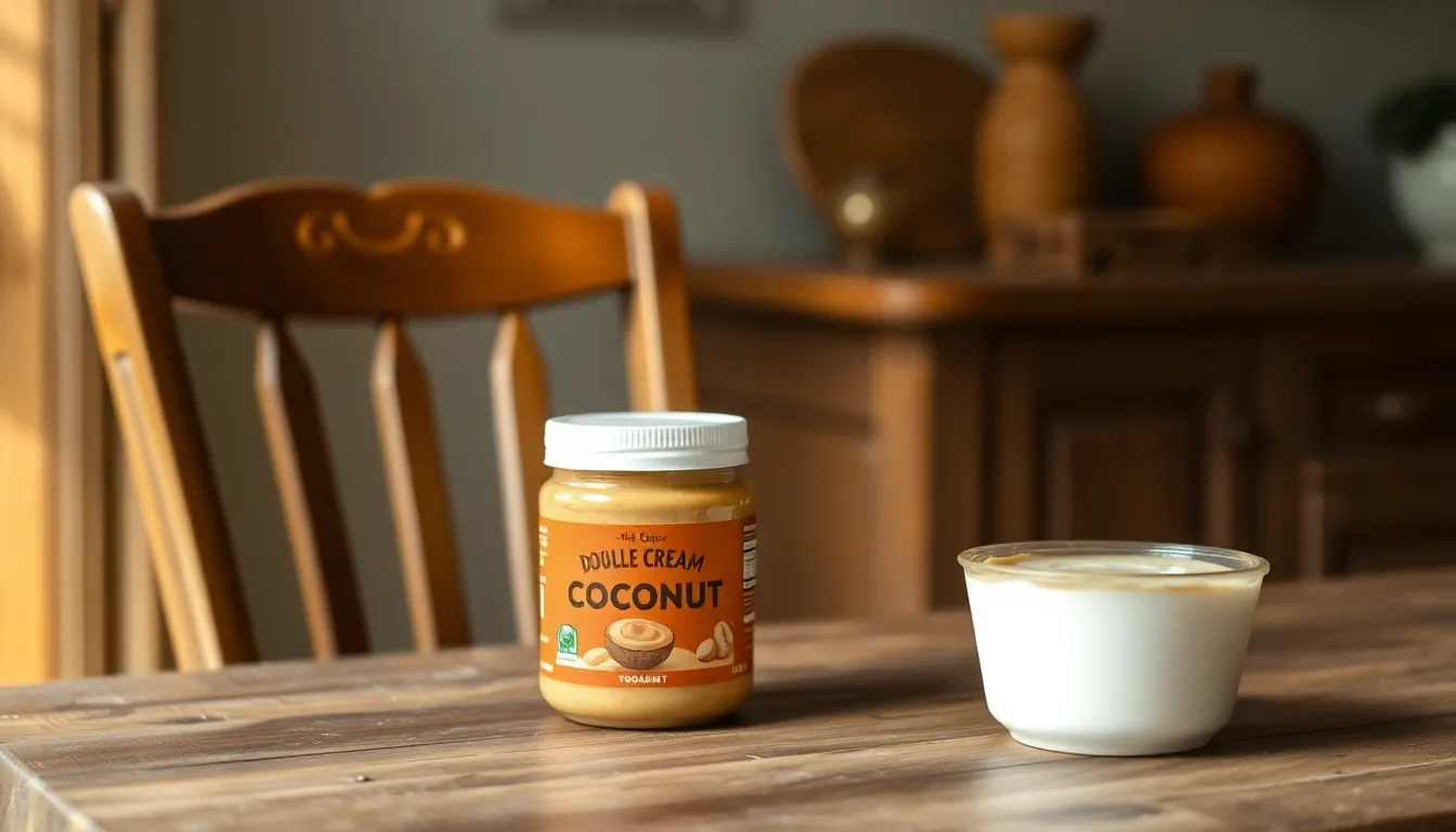 A tub of double cream coconut yoghurt sits on a table next to a chair indoors.